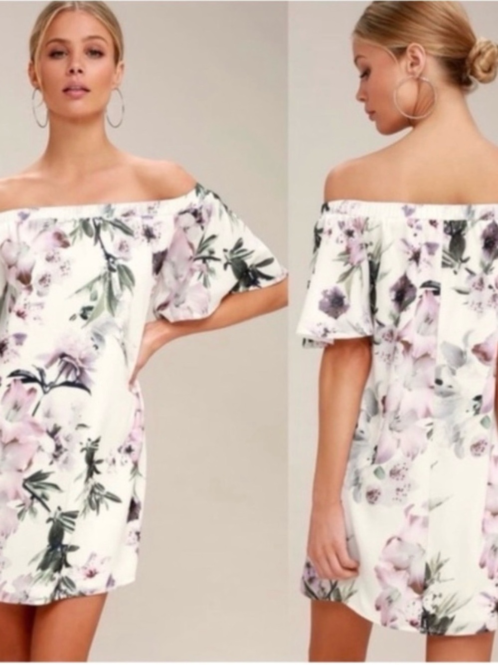 Lulus Dream of You Ivory Floral Print Off-the-Shoulder Shift Mini Dress Sz S